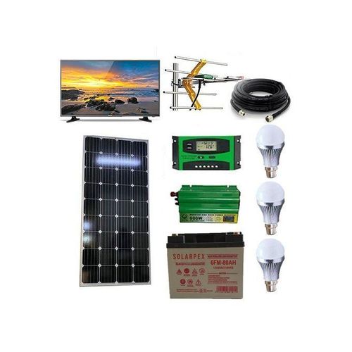 100Watts Solar Panel Full KIT All Weather + 80 AH Solar Battery+300 W Solar Power Inverter + 10Ah Solar Charge Controller + 24" DC TV+ Aerial $ Cable +3 DC Bulb