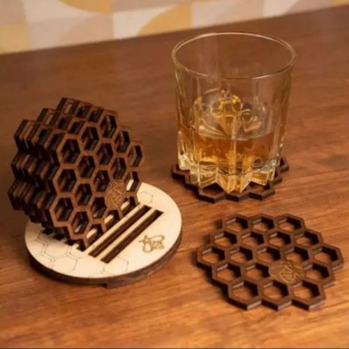 Honeycomb Laser-Cut Wooden Coasters with Holder 6 Pieces Set