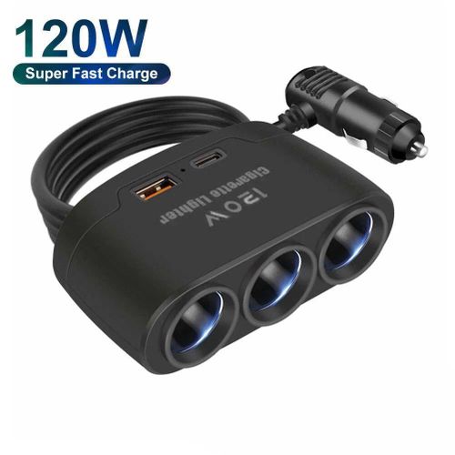 3-Socket Cigarette Lighter Adapter, 120W 12V-24V Power DC Outlet Splitter with 3.1A 2.4A USB + PD Type-C Car Charger for iPhone iPad Samsung GPS Dashcam