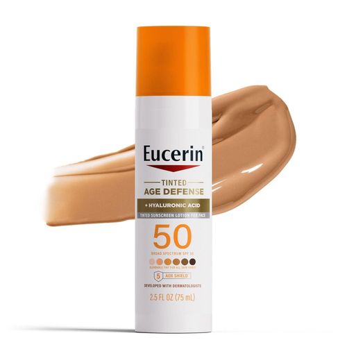 Sun Tinted Age Defense Face Sunscreen Lotion SPF 50 with Hyaluronic Acid, Tinted Sunscreen for Face, Blendable Tint for All Skin Tones, Non Comedogenic and Hypoallergenic