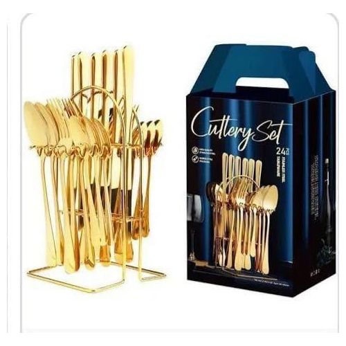 24-Piece Stainless Steel Gold Cutlery Set with Storage Stand - Flatware Service for 6