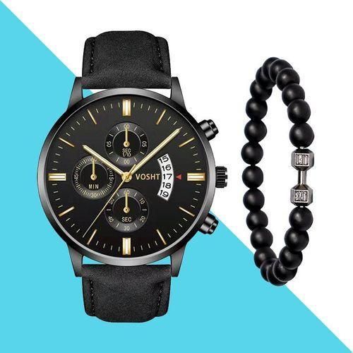 Mens Watch with Decorative Calendar Dial and Bracelet Set - Black