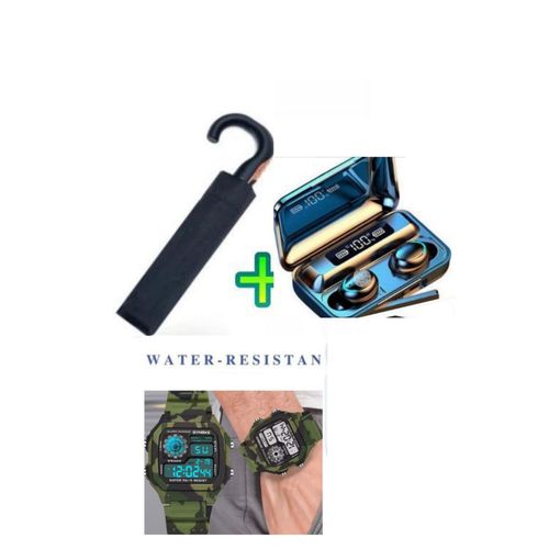 Strong Foldable Checked Umbrella Compact Size With Opening Switch & Smooth Curved Handle + FREE GIFTS Classic Wrist Watch