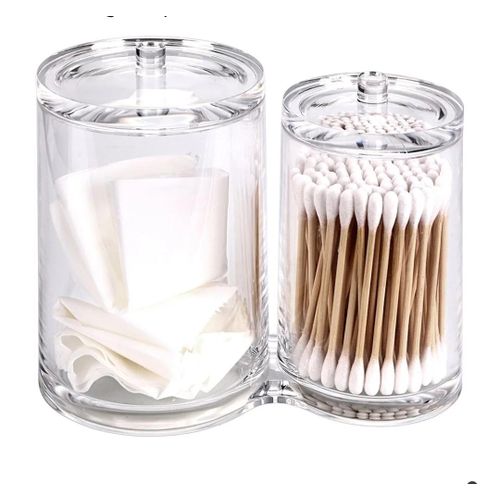 2 in 1 Clear Acrylic Cotton Swab Holder Quality Round Container Cotton Pad Q-tip Ear Bud Organize Case for Make Up Brush Clear Apothecary Jar