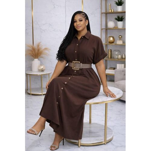 Long Belted Button-Down Maxi Shirt Dress – Flowy High-Waist Casual & Office Wear