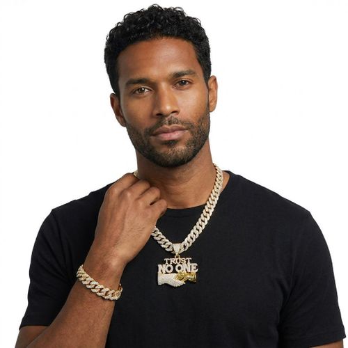 Men's 2-Piece 18K Gold Plated Iced Out NO ONE Pendant Cuban Link Chain & Bracelet Set