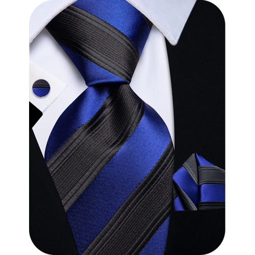 Royal blue and black striped necktie with cufflinks and pocket square