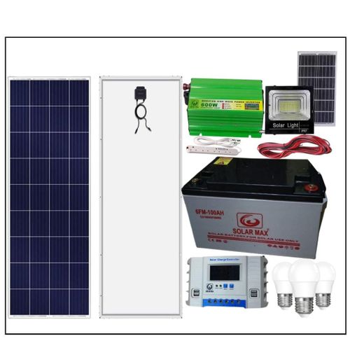 200Watts solar panel all weather +100ah solar battery + 600Watts solar power inverter +20Ah solar charge controller +3 Dc bulb +Extension +5m red ,5 m black cable+free 50watts solar flood light