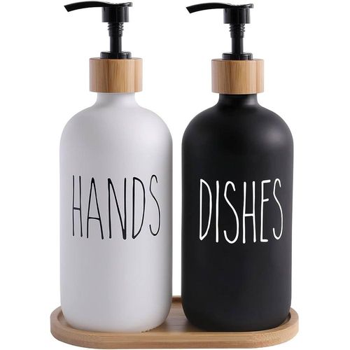 500ml Glass Soap Dispenser Set, Contains Hand Soap and Dish Soap Dispenser.Suitable for Kitchen Decor. (Black & White)-2pcs