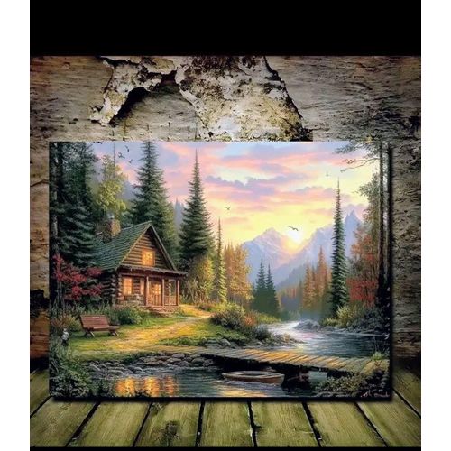 This item is A Peaceful Retreat artwork, featuring a serene log cabin set beside a river at sunset.