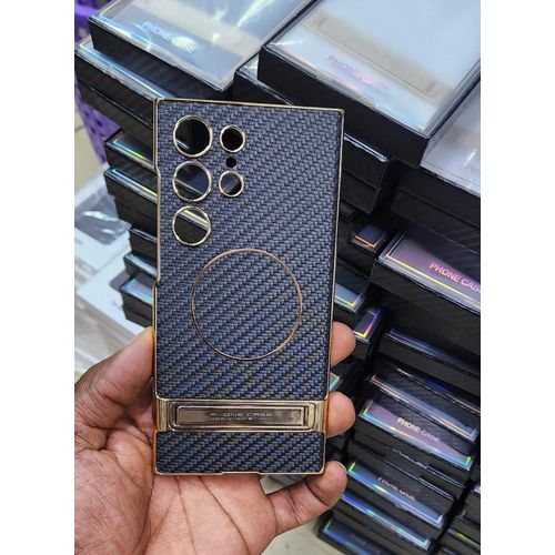 Carbon Fiber Case with Stand for Samsung Galaxy S25 Ultra Protective Anti-Drop Cover Black