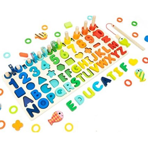 WHIZ KIDS 5-in-1 Montessori Wooden Educational Toy Busy Board Math Fishing Learning Toy for Preschool Kids