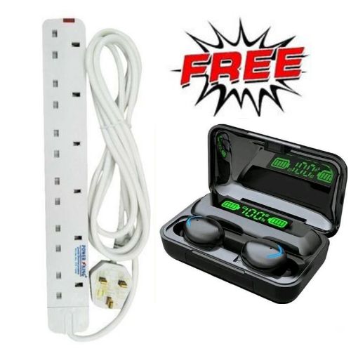 6 Way Power Extension Long Cable in 3M Cable + Free Strong Bass, Bluetooth Earbuds F9