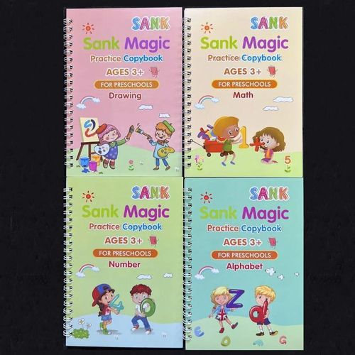 Sank Magic Practice Copybook, (4 BOOK + REFILL+ 1 Pen +1 Grip) Number Tracing Book for Preschoolers with Pen, Magic Calligraphy Copybook Set Practical Reusable Writing Tool Simple Hand