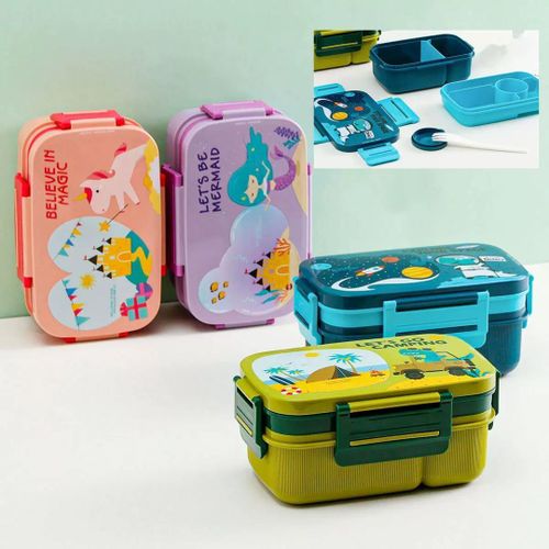 13L Kids Lunch Box with Multi Adjustable Compartments Cutlery Leak-Proof Bento Box Cartoon Designs BPA-Free