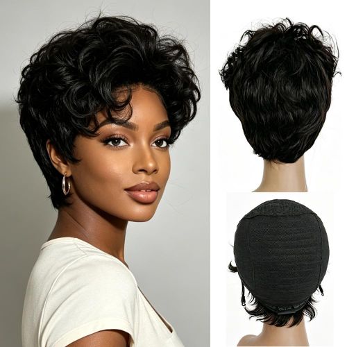 jet black 9inches Natural Afro Curly Hair Wig Voluminous Layered Style, Soft Daily Wear 100% human hair Short Curly Pixie Wig