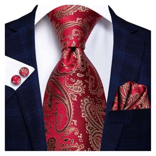 Red and gold paisley necktie with cufflinks and pocket square