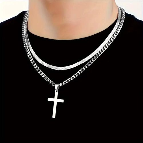 2pcs Men's Stainless Steel Titanium Snake Chain Flat Cross Set, Stackable with Accessories