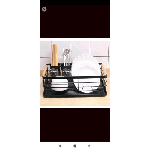 Modern Black Metal Dish Rack with Beechwood Handles & Drip Tray