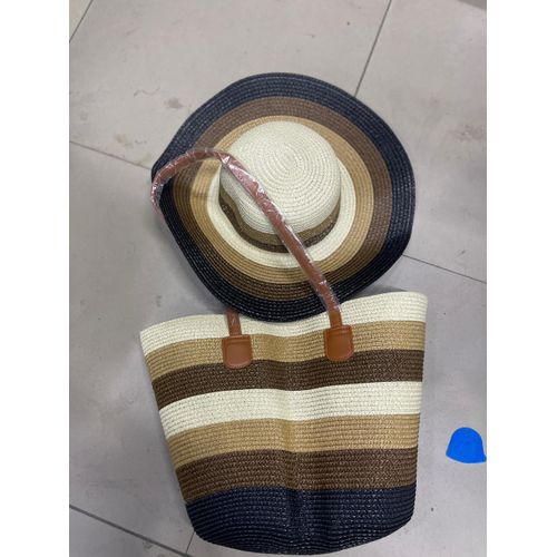Straw Beach Hat & Woven Tote Bag Set – Summer Fashion Multicolor (Brown, Beige, Black tones)