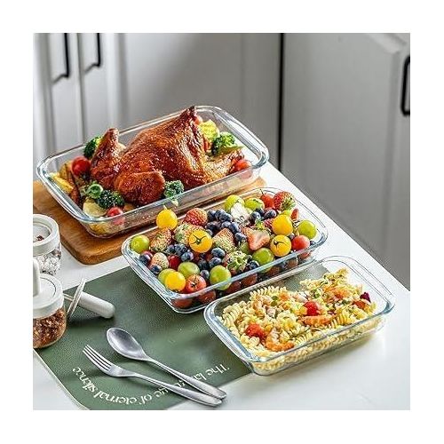 3 Pcs Rectangular Borosilicate Glass Baking Dish Set Heavy Duty Oven Baking Pans Casserole Trays