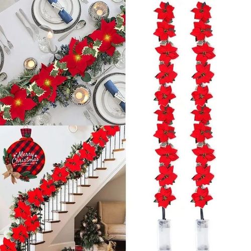 2m 10led Poinsettia Flower Garland String Lights Xmas Tree Ornament 2024 Decoration For Ho
