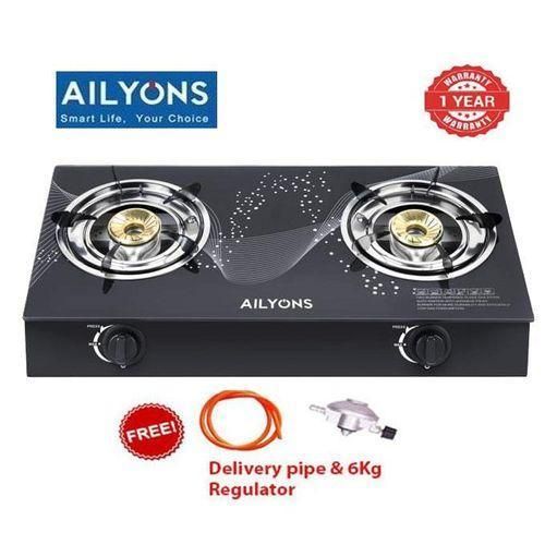 Efficient 2 Burner Glass Top Gas Cooker Double Burner- 1YR WRTY 6KG Regulater 1 M pipe