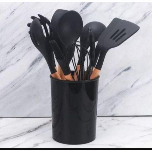 12pcs Kitchen Utensils Set-Non-stick Silicone Cooking Utensils Set with Holder, Heat Resistance Wooden Handle Kitchen Spoon Set