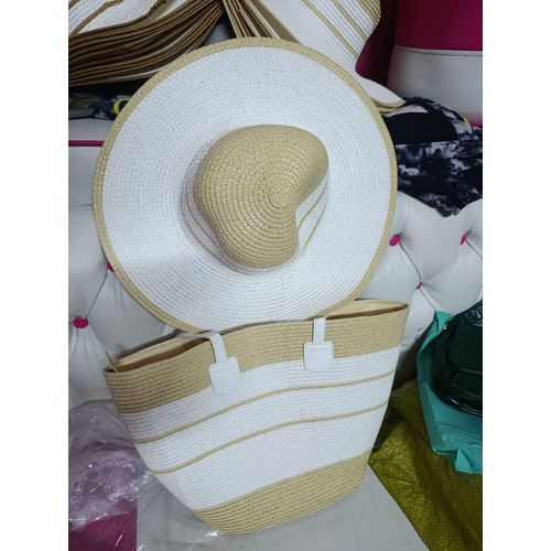 Beach Hat & Tote Bag Set (Beige & White)