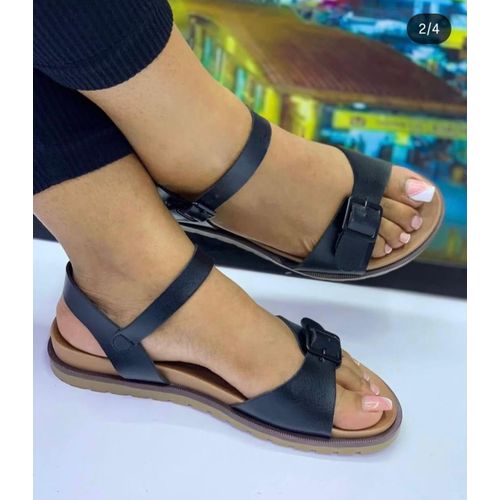 Women’s Comfortable Black Ankle Strap Flat Sandals with Buckle Detail