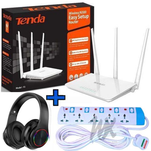 F3 N300 300Mbps Wireless WiFi Router 5 way Power Extension Bluetooth Wireless Headphones