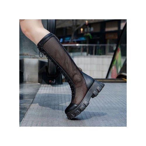 Summer Boots Women Chunky Heel Kneelength Platform Woman Female Round Toe Zipper Sandals Mesh Ladies Fashion Comfort ShoesBlack