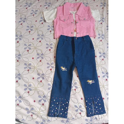 Girls 4-Piece Boutique Denim Pink Vest Set