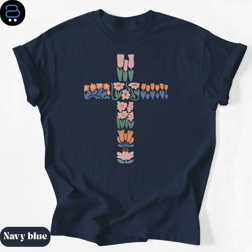 Floral Cross Christian Cross Jesus Faith T Shirt NAVY BLUE