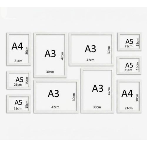 10 Piece Wooden Photo Frame Set. A3, A4 & A5