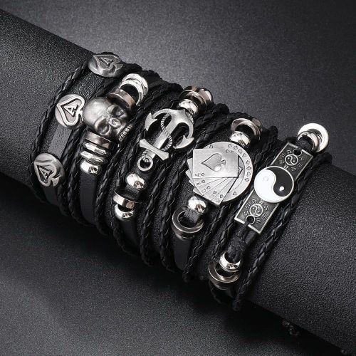 5 IN 1 Mens Vintage Bracelet Durable Leather Skull Grunge Jewelry - Black