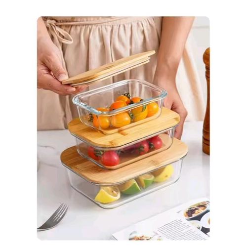 Meal Prep Glass Food Storage Containers with Airtight Bamboo Lids - Set of 3 ,Eco-friendly, Nesting, Plastic-free , Versatile Sizes, Microwave and Oven Safe , Freshness Preservation