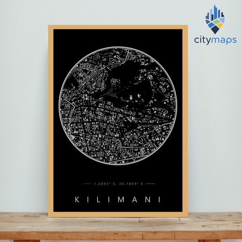 Kilimani Nairobi City Map Print, Natural Wood Framed Wall Art, Black & White