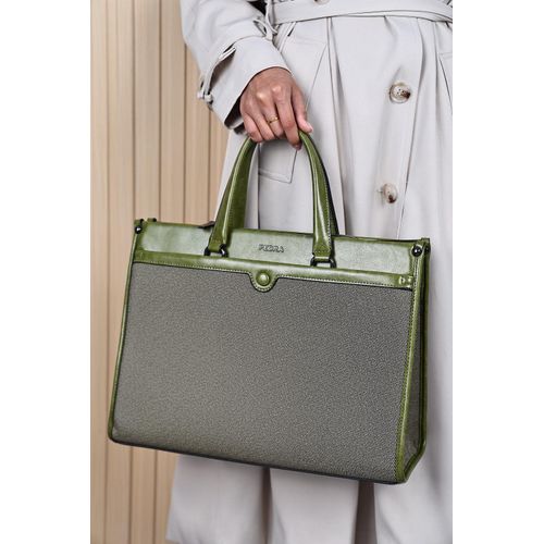 Elegant Gray Fabric Handbag – Green Leather Handles & Trim with Structured Design, Durable Everyday Accessory