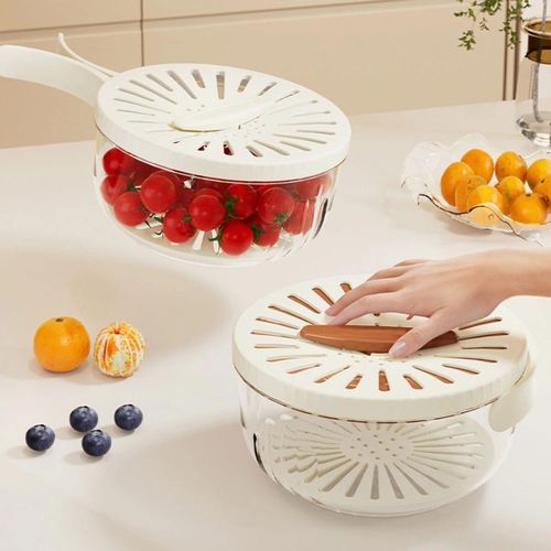 Multi-functional Food Storage Container with Foldable Handle Vegetable Fruit Drainer Colander with Lid for Washing, Draining, Filtration, and Convenient Kitchen Storage