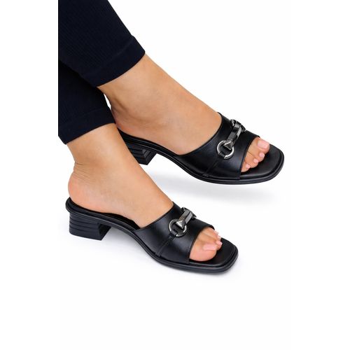 Womens Elegant Black Low Heel Slide Sandals with Metal Detail