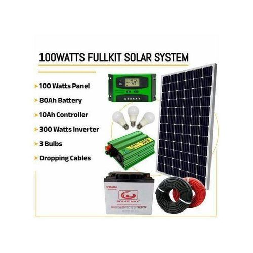 100 Watts Solar Panel Special All Weather Fullkit 80AH Battery 300Watts Solar Inverter 10 Ah Charge Controller3 Bulbs Dropping Cables