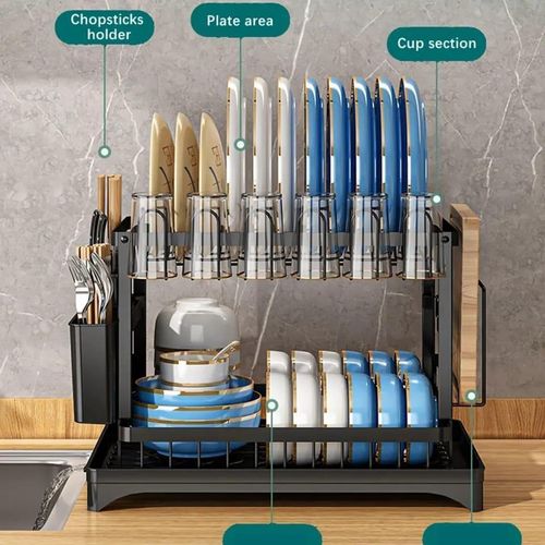 Classy 2-Tier Dish Drying Rack with Drain Board - Carbon Steel Dish Drainer, Plate & Bowl Organizer, Utensil Holder, Cutting Board Rack for Kitchen Countertop