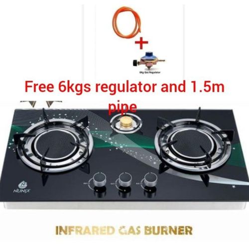 3 Burner Table Top Infrared Glass Gas Cooker 15m Pipe 6kgs Regulator