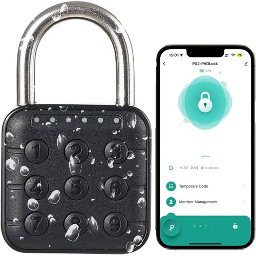 Biometric Bluetooth Padlock with Code App Control Keyless Entry for Gym Lockers Gates Storage Suitcases Waterproof in black