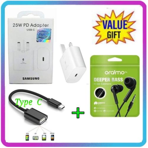 Original 25W Faster Charger Adapter For Galaxy A15,A25,A05S With Type C Output +Type C OTG Cable+ Deep Bass Earphones