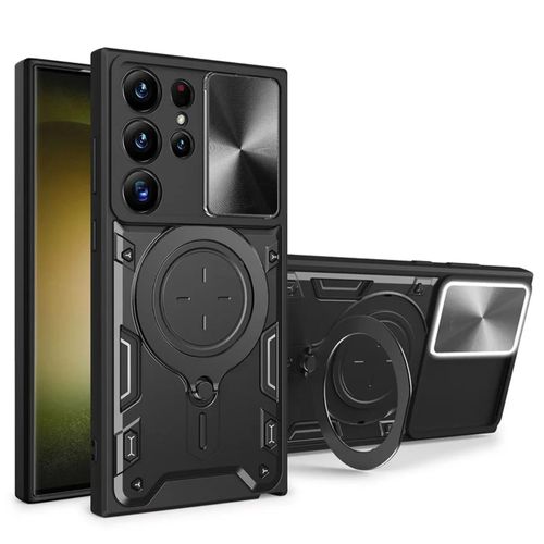 For Samsung Galaxy S24 Ultra hybrid Case with 360 Degree Rotating Finger Ring Holder + Slider Shutter Camera Protection Cover