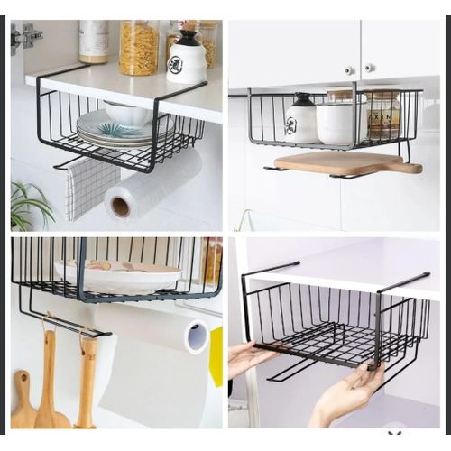 Premium Under-Shelf Storage Basket Organizer 40x23x12cm - Heavy Duty Metal Wire Hanging Rack for Kitchen Cabinets Wardrobes and Pantry - Space-Saving No-Drill Slide-On Shelf Divider Holder