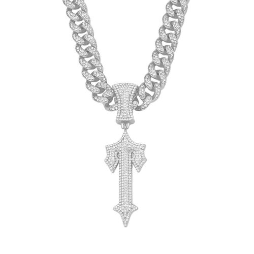 Silver Diamond-Encrusted Necklace Pendant With 50cm Cuban Chain Hip-Hop Style Alloy Necklace Jewelry For Men