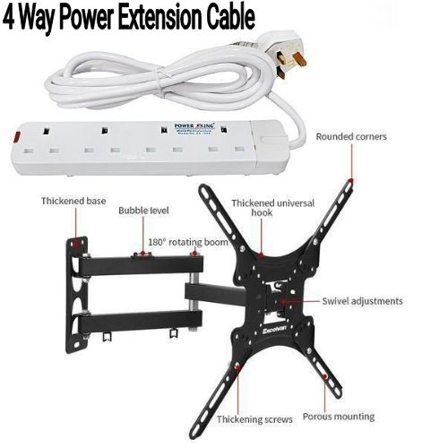 Universal Best 4-Way Power Extension 3m Long Cable + Free Home Design 14" - 55" Direction Change Swivel Wall Mount TV Bracket / Tv Wall Stand Bracket